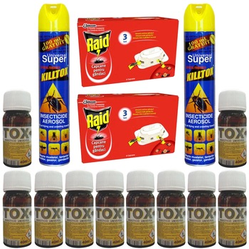 Pachet - 10 x Sanitox insecticid, 40ml + 2 x Killtox insecticid aerosol, 500ml + 2 x Raid capcane pentru gandaci, 6buc/set Pachet - 10 x Sanitox insecticid, 40ml + 2 x Killtox insecticid aerosol, 500ml + 2 x Raid capcane pentru gandaci, 6buc/set