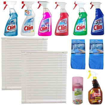 Pachet - 2 x Jaluzea orizontala din PVC alb, 60x120cm + 6 x Clin de geamuri (Lamaie, Grapefruit, Mere Verzi, Mediterranean Dreams, Alcohol, Multi-Shine) + Air Bllitz Odorizant camera, Bubble Gum + Efekt mobila si parchet, 1L + 2 x Laveta Microfibre Pachet - 2 x Jaluzea orizontala din PVC alb, 60x120cm + 6 x Clin de geamuri (Lamaie, Grapefruit, Mere Verzi, Mediterranean Dreams, Alcohol, Multi-Shine) + Air Bllitz Odorizant camera, Bubble Gum + Efekt mobila si parchet, 1L + 2 x Laveta Microfibre