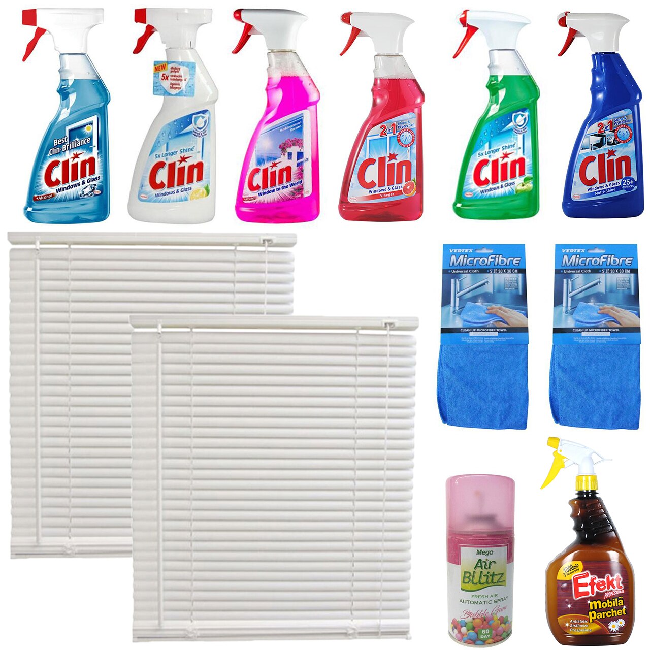 Pachet - 2 x Jaluzea din plastic alba, PVC, orizontala, 65x140cm + 6 x Clin de geamuri (Lamaie, Grapefruit, Mere Verzi, Mediterranean Dreams, Alcohol, Multi-Shine) + Odorizant camera, Bubble Gum, 260ml + Efekt mobila si parchet 1L + 2 x Laveta Microfibre