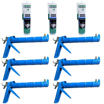 Pachet - 6 x Pistol albastru pentru tub de silicon + 3 x Den Braven silicon sanitar alb, 270ml Pachet - 6 x Pistol albastru pentru tub de silicon + 3 x Den Braven silicon sanitar alb, 270ml
