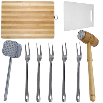 Pachet - 5 xFurculita din inox cu doi dinti si coada lunga + Ciocan din lemn pentru carne + Ciocan pentru snitele + Tocator din lemn pentru alimente, 38cmx28cm + Tocator dreptunghiular din plastic, 37.5cmx23.5cm Pachet - 5 xFurculita din inox cu doi dinti si coada lunga + Ciocan din lemn pentru carne + Ciocan pentru snitele + Tocator din lemn pentru alimente, 38cmx28cm + Tocator dreptunghiular din plastic, 37.5cmx23.5cm