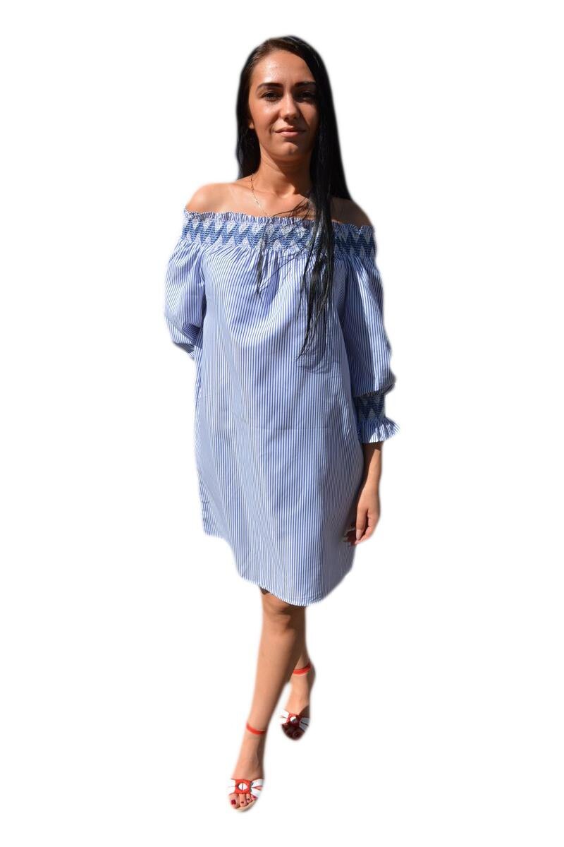 Rochie deosebita cu dungi fine si umeri goi,D&J Exclusive, Albastru