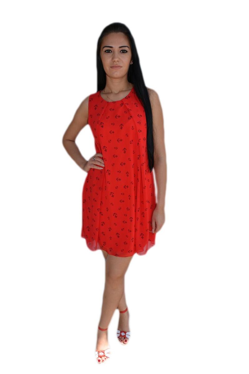 Rochie moderna cu flori, material vaporos,D&J Exclusive, Rosu