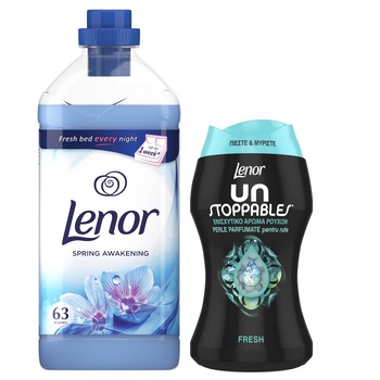 Pachet promo: Balsam de rufe Lenor Spring, 63 spalari, 1,9 L + Perle parfumate Lenor Unstoppables Fresh, 140 g Pachet promo: Balsam de rufe Lenor Spring, 63 spalari, 1,9 L + Perle parfumate Lenor Unstoppables Fresh, 140 g
