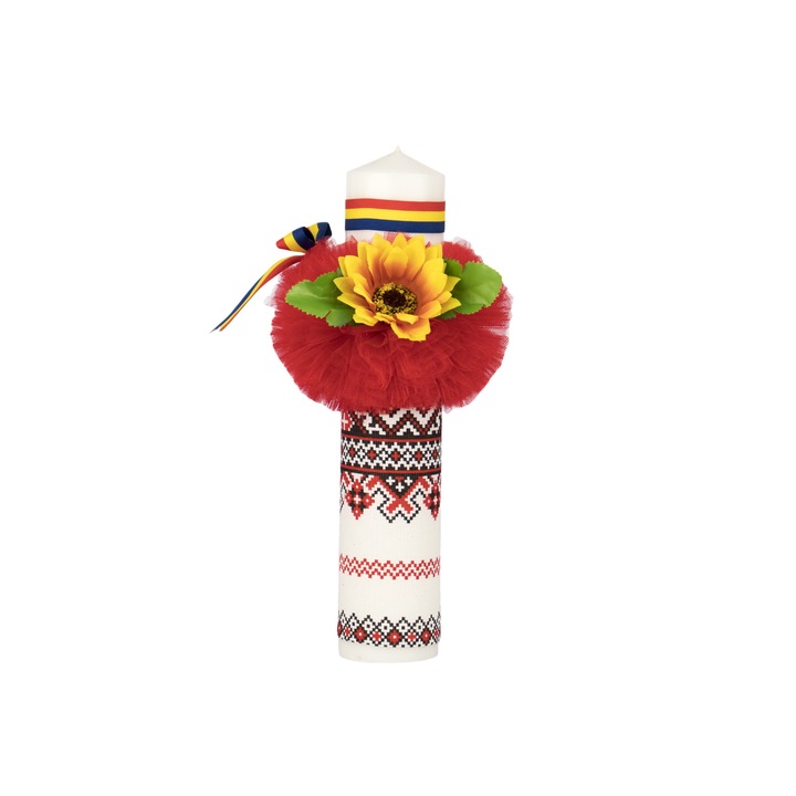 Lumanare botez cu motive traditionale, culoare rosie cu tricolor si floare