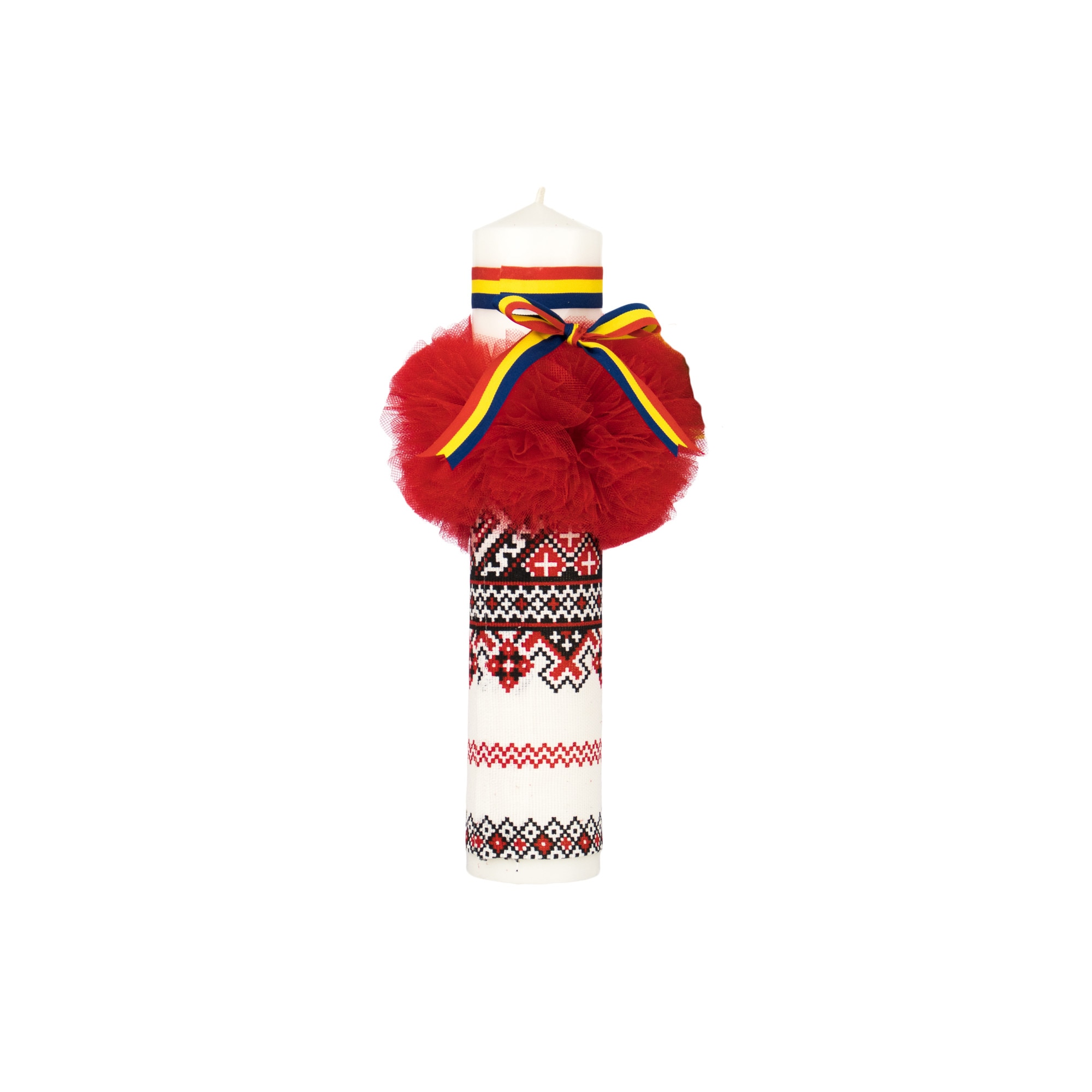 Lumanare botez cu motive traditionale, culoare rosie cu tricolor