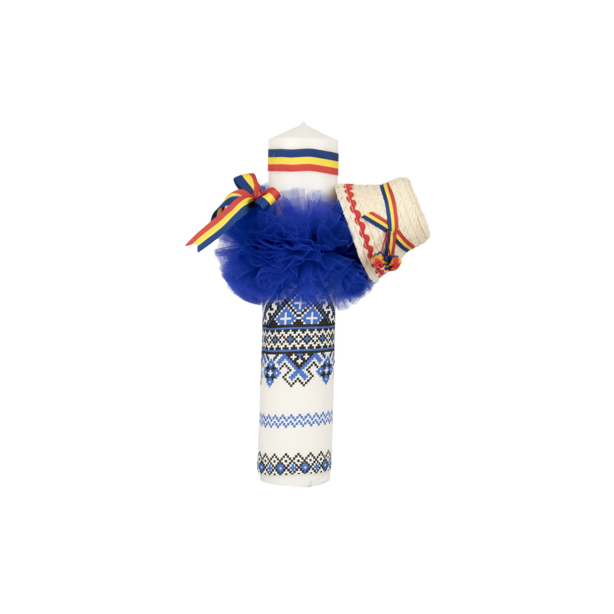 Lumanare botez traditionala albastra cu tricolor si clop