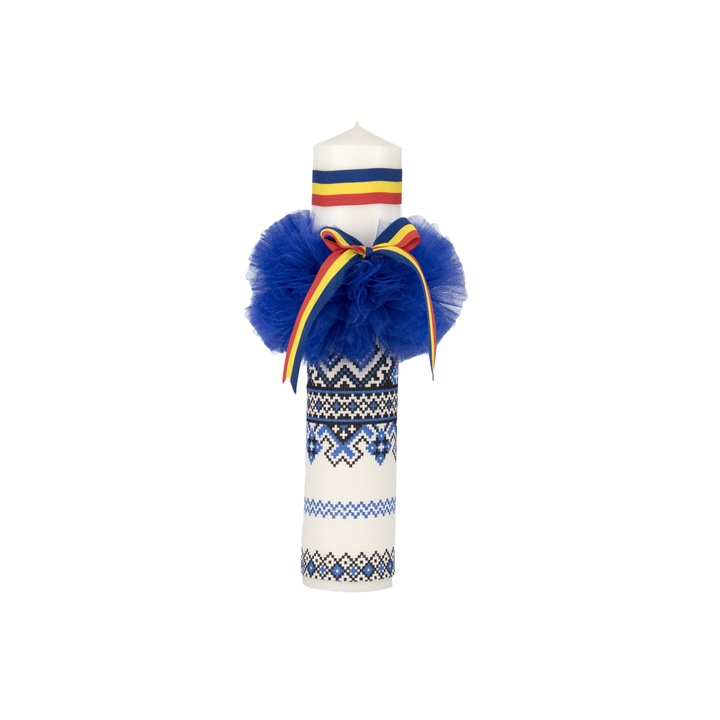 Lumanare botez traditionala albastra cu tricolor