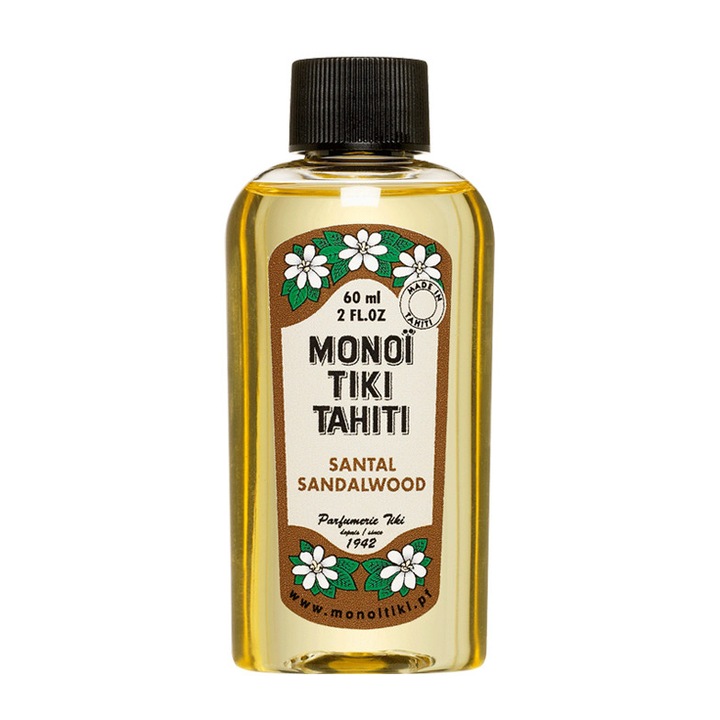 Ulei natural Monoi TIKI Tahiti Sandalwood Santal, un amestec de ulei de nuca de cocos pur si esenta delicata de lemn de santal, 60 ml