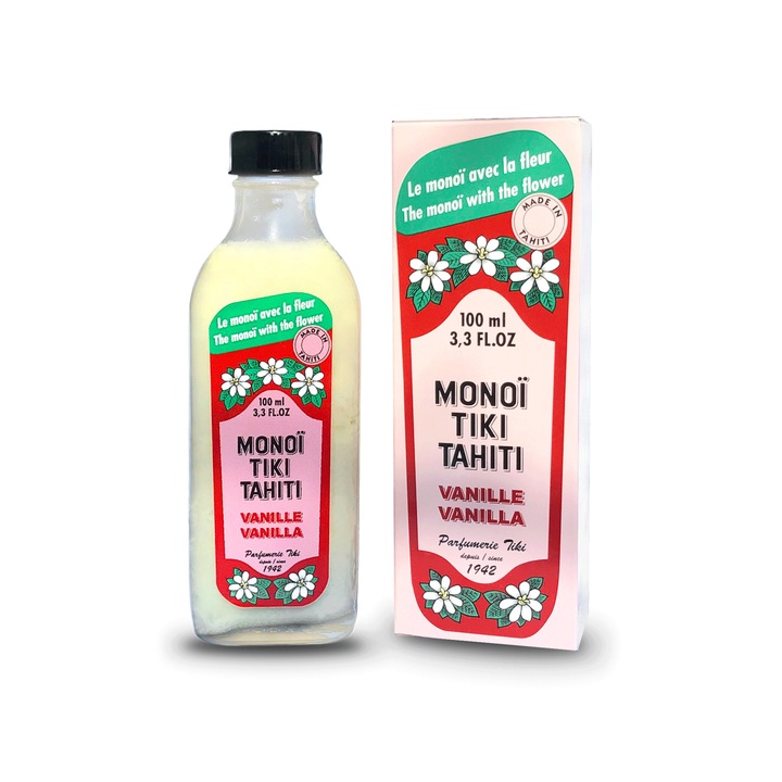 Натурално масло Monoi TIKI Tahiti Vanilie Naturelle, Смес от чисто кокосово масло и деликатна ванилова есенция, 100 мл