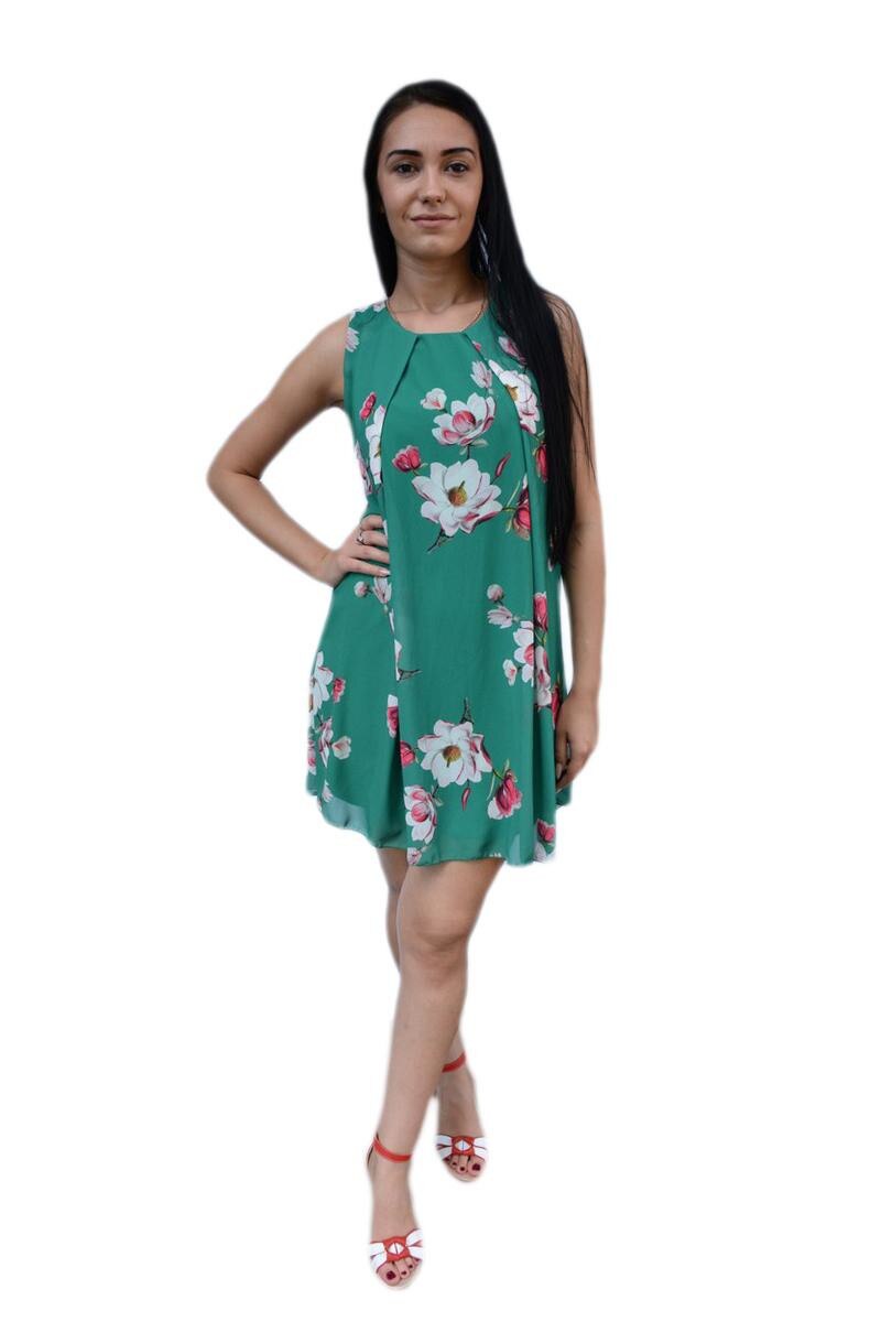 Rochie moderna cu flori, material vaporos,D&J Exclusive, Verde
