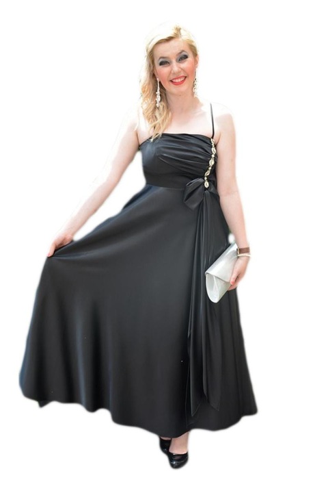 Rochie lunga, accesorizata cu o fundita si cristale,D&J Exclusive,Negru,40 EU