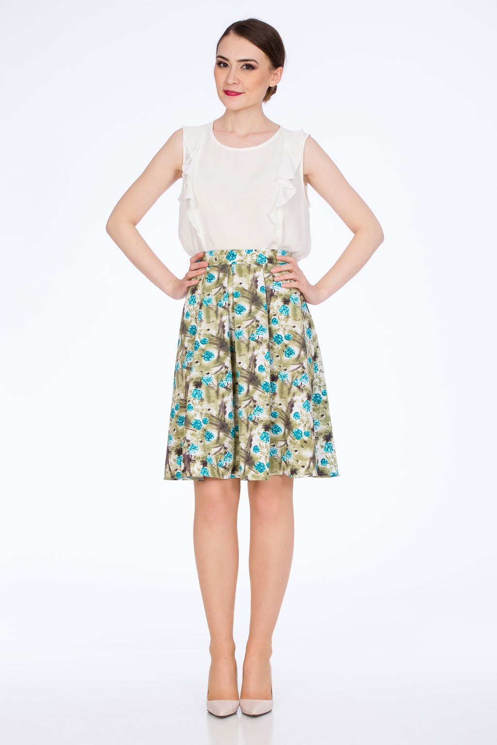 Fusta cu pliuri, imprimeu floral, Verde