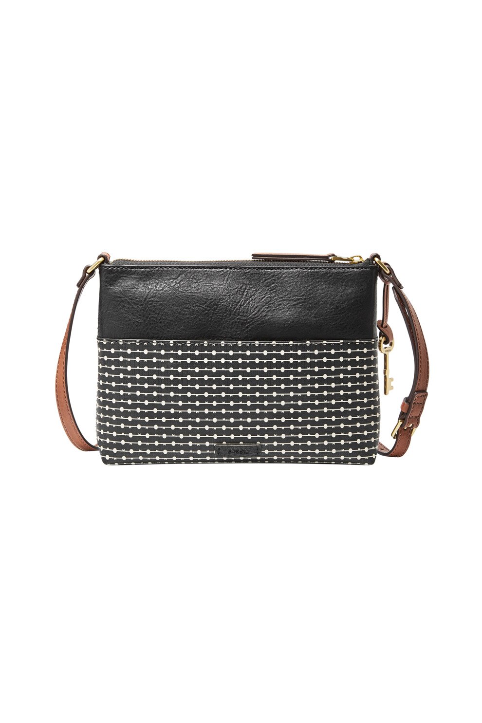 Fossil, Geanta crossbody de piele sintetica, cu model geometric Fiona, Alb/Negru/Maro