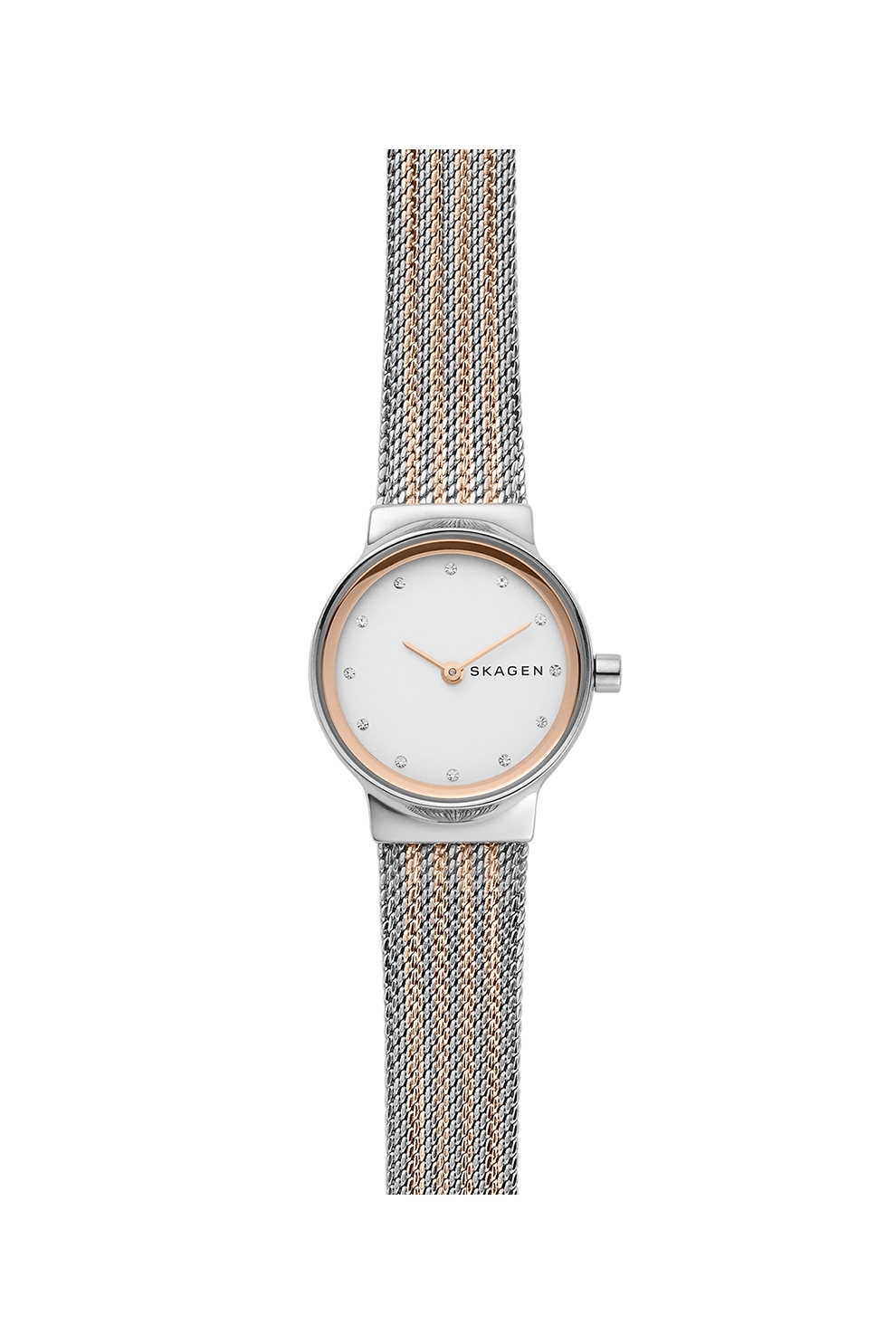 Skagen, Ceas cu bratara metalica tip plasa Freja, Argintiu/Auriu rose