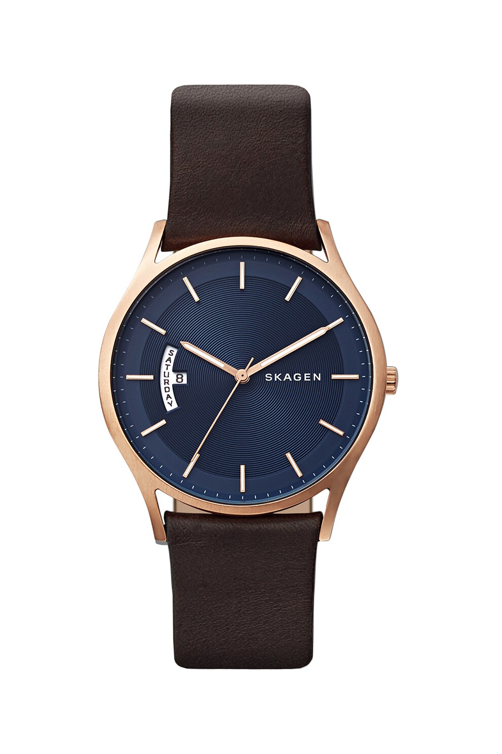 Skagen, Ceas cu o curea de piele Holst, Maro inchis/Bleumarin/Auriu rose