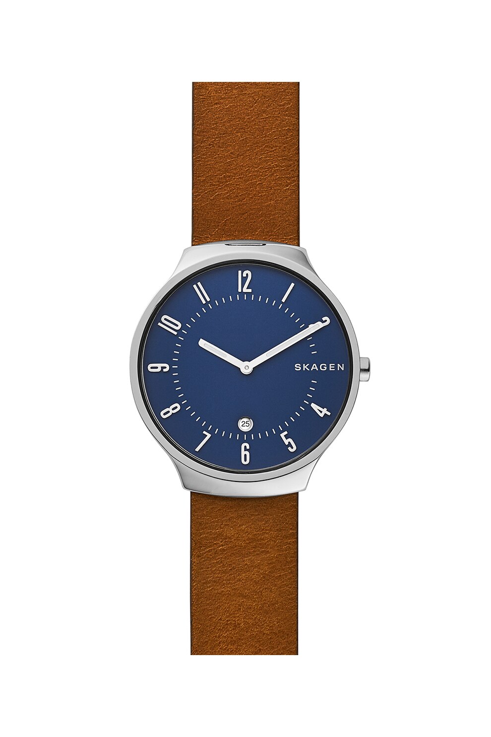 Skagen, Ceas cu o curea de piele Grenen, Maro/Argintiu/Albastru