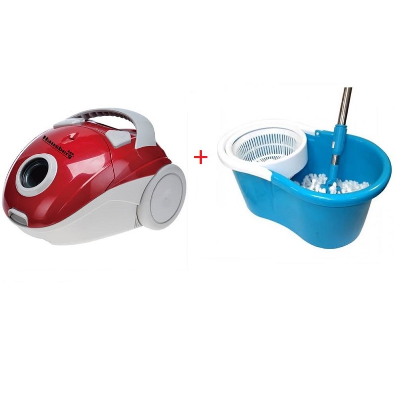 Pachet Aspirator cu sac Hausberg , Putere 700W, sac 1 L, Rosu + Galeata Magic Mop 360 ,Mop Rotativ