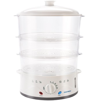 Aparat de gatit cu aburi Daewoo DFS900W, 900 W, 3 cosuri, 8.5 l, Timer 60 min, Design ergonomic, Alb Aparat de gatit cu aburi Daewoo DFS900W, 900 W, 3 cosuri, 8.5 l, Timer 60 min, Design ergonomic, Alb