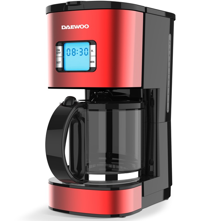 Кафемашина Daewoo DCM1000R, 1000 W, 1.5 л, Постоянен филтър, Таймер 24 часа, Индикатор за нивото на водата, Ергономичен дизайн, Червена/Черна