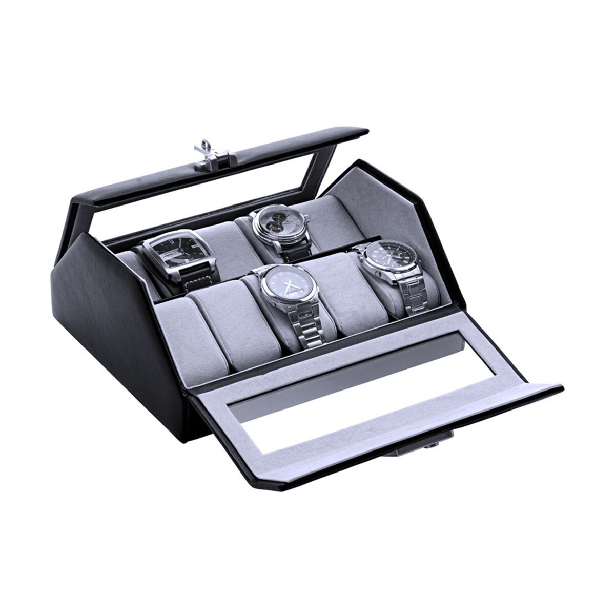 Cutie 10 ceasuri cu capac, din piele naturala, de culoare neagra, WindRose