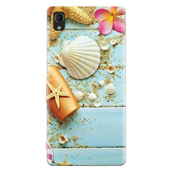 Husa silicon pentru Sony Xperia M4, Blue Wood Seashells Sea Star Husa silicon pentru Sony Xperia M4, Blue Wood Seashells Sea Star