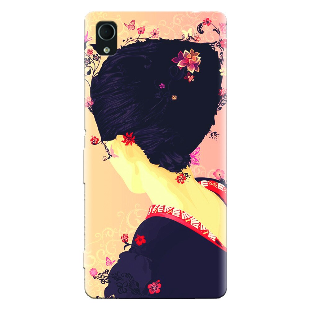 Husa silicon pentru Sony Xperia M4, Japanese Geisha Illustration Cherry Blossom