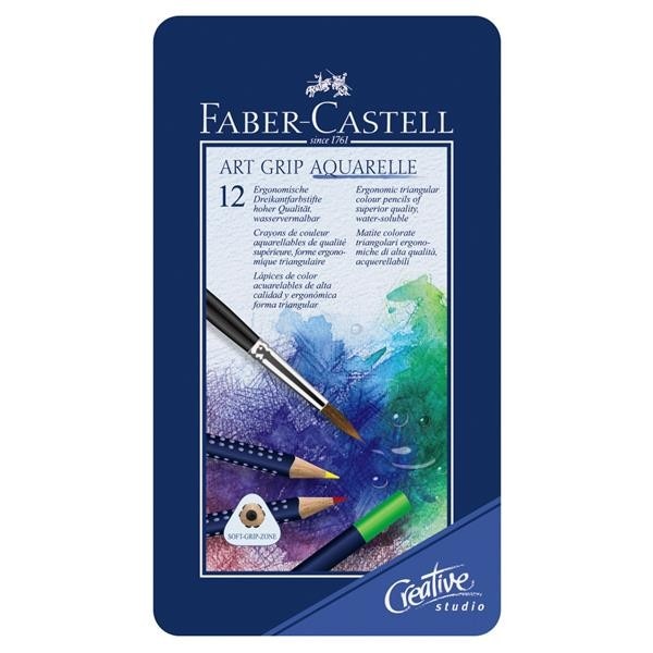 Creioane colorate Faber-Castell Aquarelle, 12 culori, art grip, cutie metal