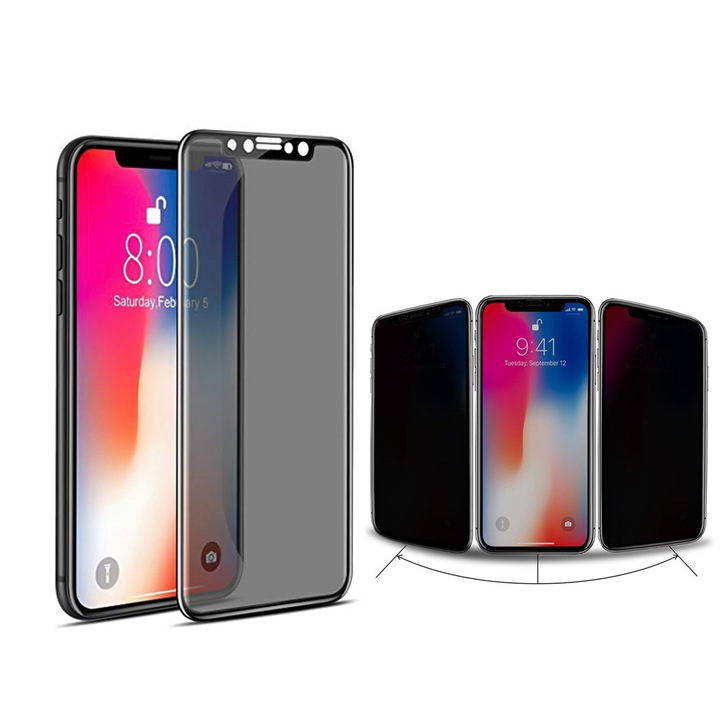 Стъклен протектор Privacy 5D Full Glue iPhone X, Planet Tech, Черен