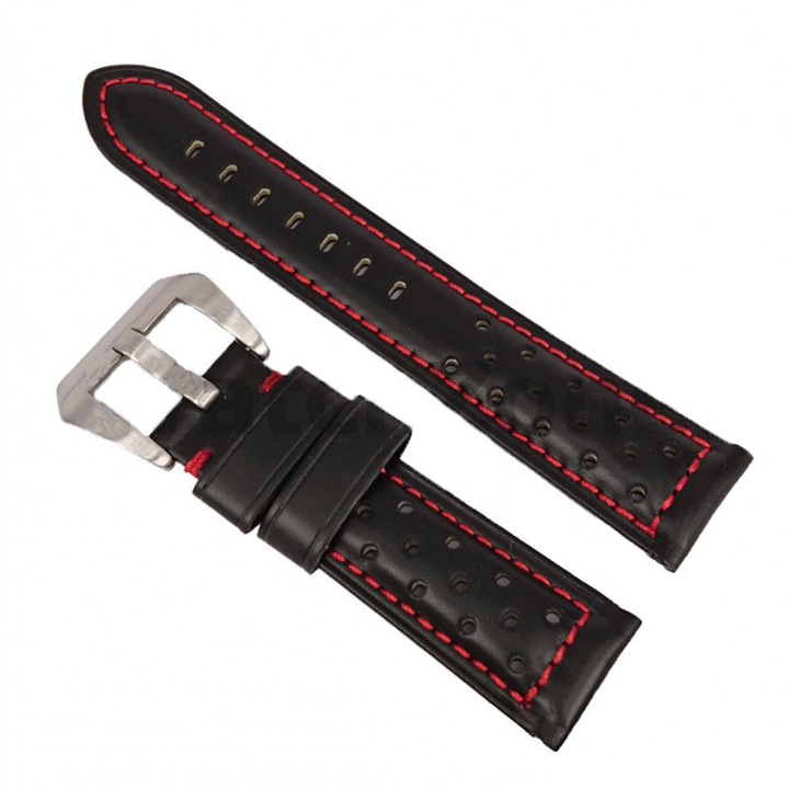 Черна кожена каишка за часовник с червени шевове