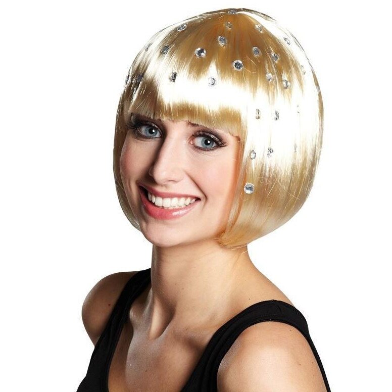 Peruca bob blonda decorata cu cristale