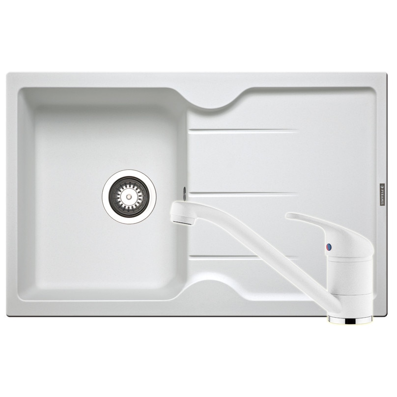 Pachet chiuveta + baterie de bucatarie Pyramis Porto Snow, 780x500mm, adancime 175mm, cuva reversibila, montare pe blat, finisaj anti zgariere