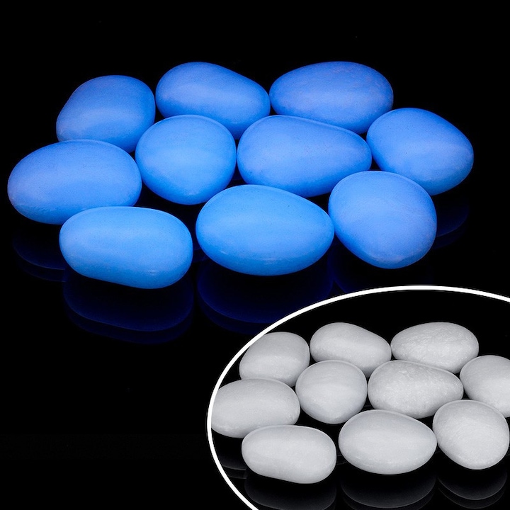 Pietre decorative fosforescente, ProCart®, diametru 4 cm, lumineaza glow albastru, 10 bucati