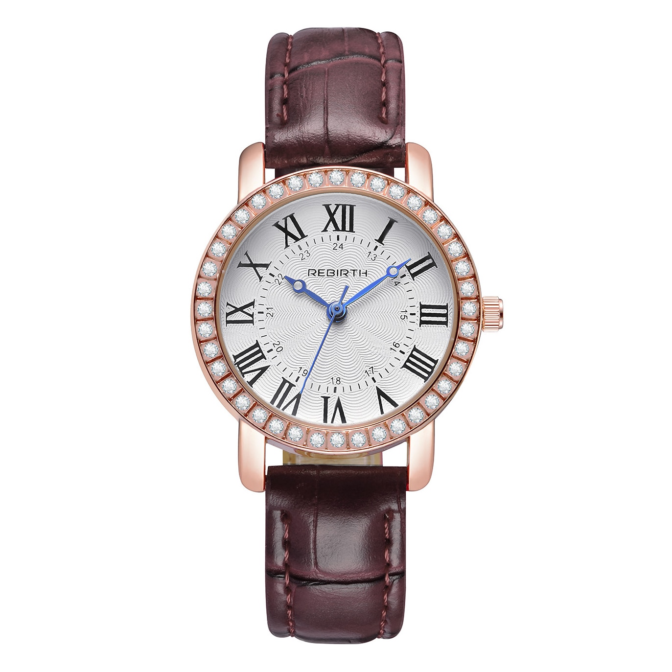 Ceas de dama elegant REBIRTH, curea piele, cadran cu cristale, CS696