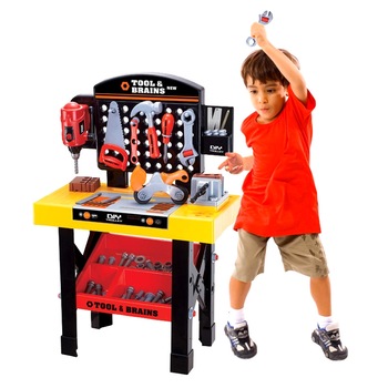 Banc de lucru DIY Tools & Brains pentru copii cu unelte si accesorii, 75 cm inaltime, bormasina, fierastrau, rafturi, si accesorii multiple Banc de lucru DIY Tools & Brains pentru copii cu unelte si accesorii, 75 cm inaltime, bormasina, fierastrau, rafturi, si accesorii multiple