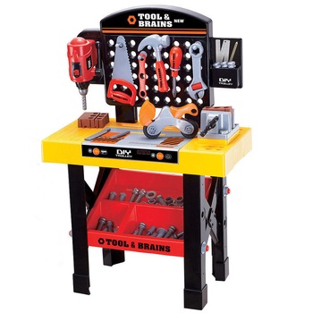 Banc de lucru Do It Yourself Tools & Brains LikeSmart pentru Copii cu Unelte si Accesorii, 76 cm Inaltime, Bormasina, Fierastrau, Ciocan, Rafturi, si Accesorii Banc de lucru Do It Yourself Tools & Brains LikeSmart pentru Copii cu Unelte si Accesorii, 76 cm Inaltime, Bormasina, Fierastrau, Ciocan, Rafturi, si Accesorii