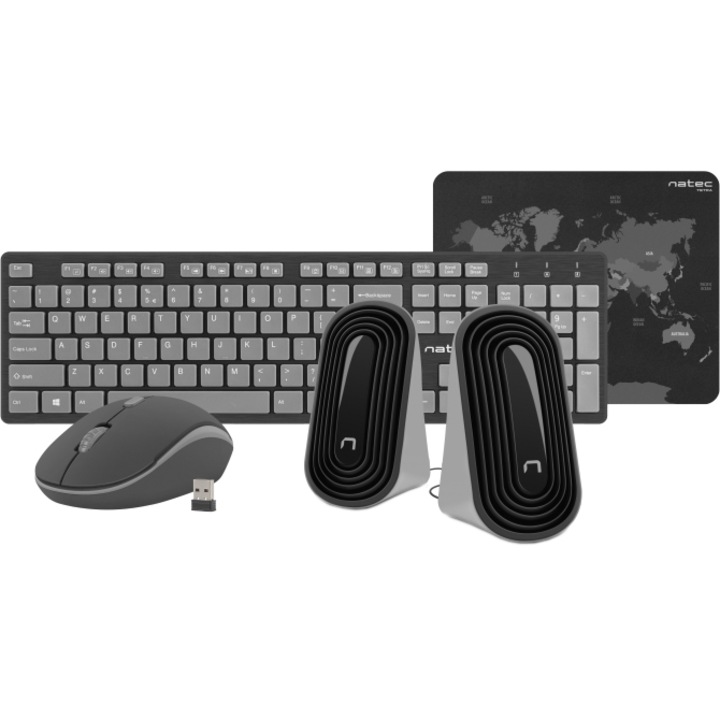 Kit 4-in1 Natec Tetra, mouse & tastatura wireless, boxe si mousepad, Negru/Gri