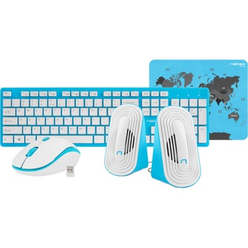 Kit 4-in1 Natec Tetra, mouse & tastatura wireless, boxe si mousepad, Albastru/Alb Kit 4-in1 Natec Tetra, mouse & tastatura wireless, boxe si mousepad, Albastru/Alb