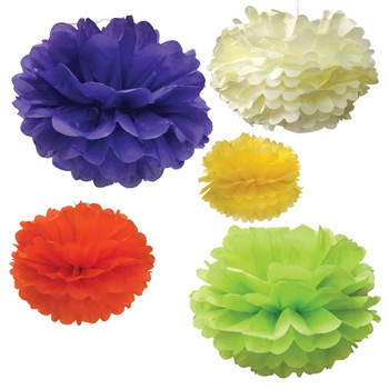 Set 5 pompom hartie, Zola® Ivoire-galben-verde-rosu-mov Set 5 pompom hartie, Zola® Ivoire-galben-verde-rosu-mov