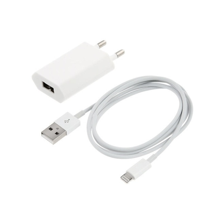 Зарядно Alsaruz за iPhone 5/5S/5C/5SE/6/6S/6Plus/6S Plus/7/7Plus, 5W, бяло, адаптер + кабел за зареждане