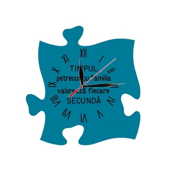 Ceas puzzle de perete, personalizat - Timpul petrecut cu familia valoreaza fiecare secunda - turcoaz, 30 x 30 cm Ceas puzzle de perete, personalizat - Timpul petrecut cu familia valoreaza fiecare secunda - turcoaz, 30 x 30 cm