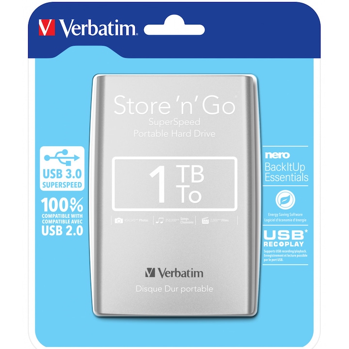 HDD extern Verbatim Store 'n' Go Portable 1TB 2.5" USB 3.0, Argintiu