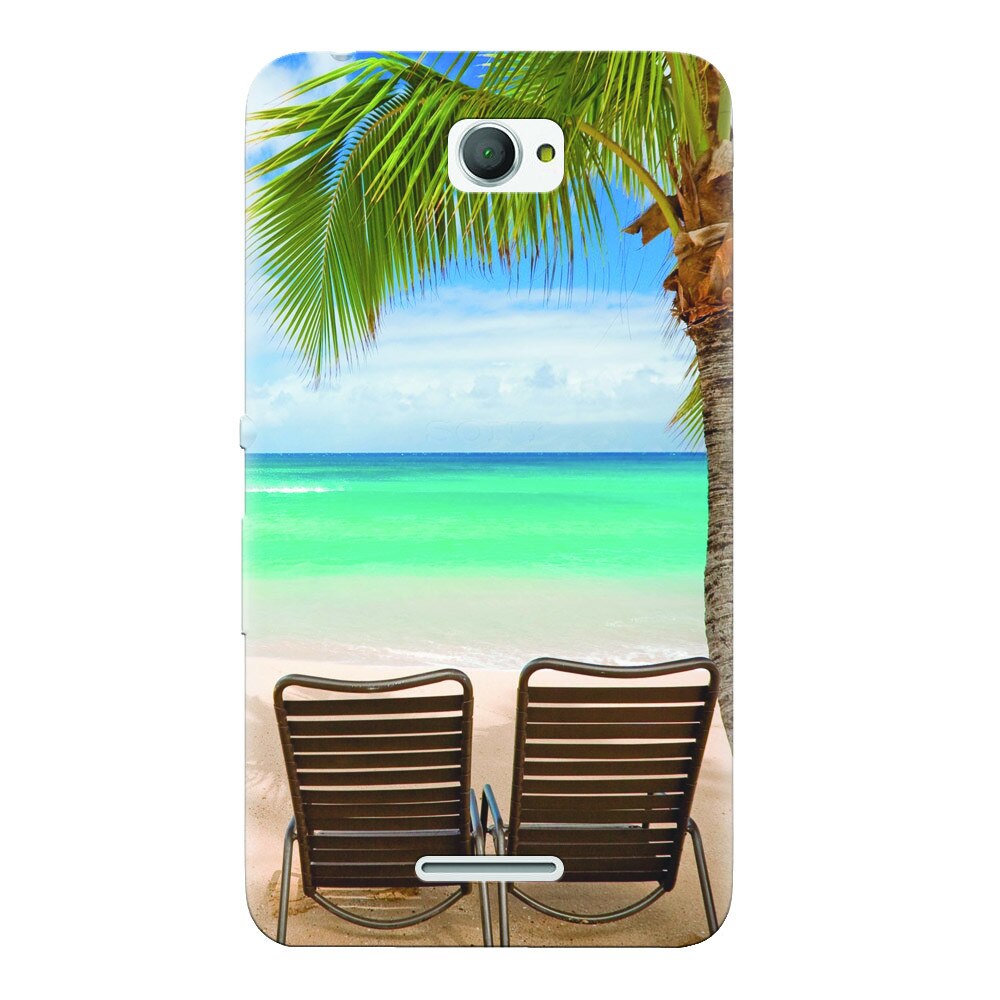 Husa silicon pentru Sony Xperia E4, Beach Chairs Palm Tree Seaside