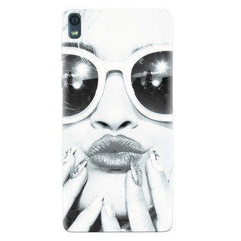 Husa silicon pentru Sony Xperia E5, Black And White Portrait Blonde Model In Fashion Sunglasses Husa silicon pentru Sony Xperia E5, Black And White Portrait Blonde Model In Fashion Sunglasses