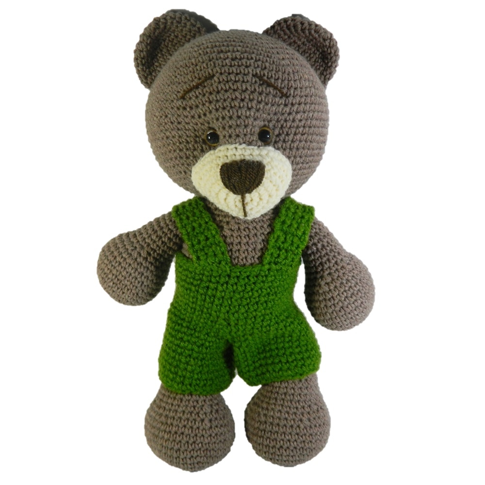 Jucarie crosetata manual, Ursulet cu salopeta verde, Umplutura hipoalergenica, 30 cm