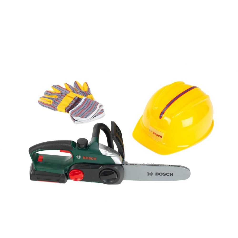 Ferastrau cu lant Bosch cu manusi si casca de lucru - jucarie