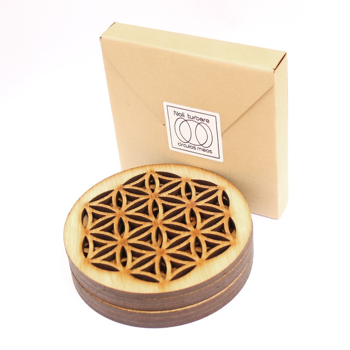 Set 6 buc. Suport / Coaster pahar model Samanta Vietii Evolutie din furnir stejar Natur