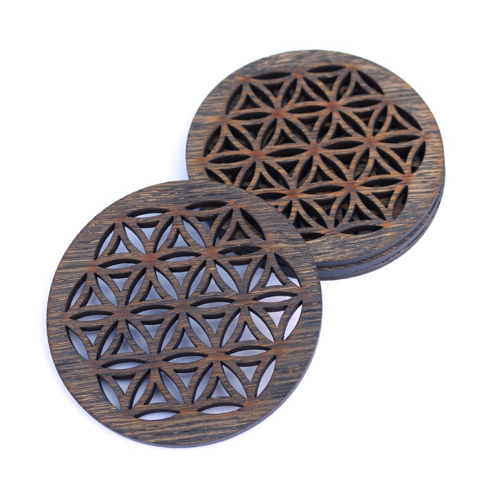 Set 4 buc. Suport / Coaster pahar model Samanta Vietii Evolutie din furnir stejar colorat Charcoal