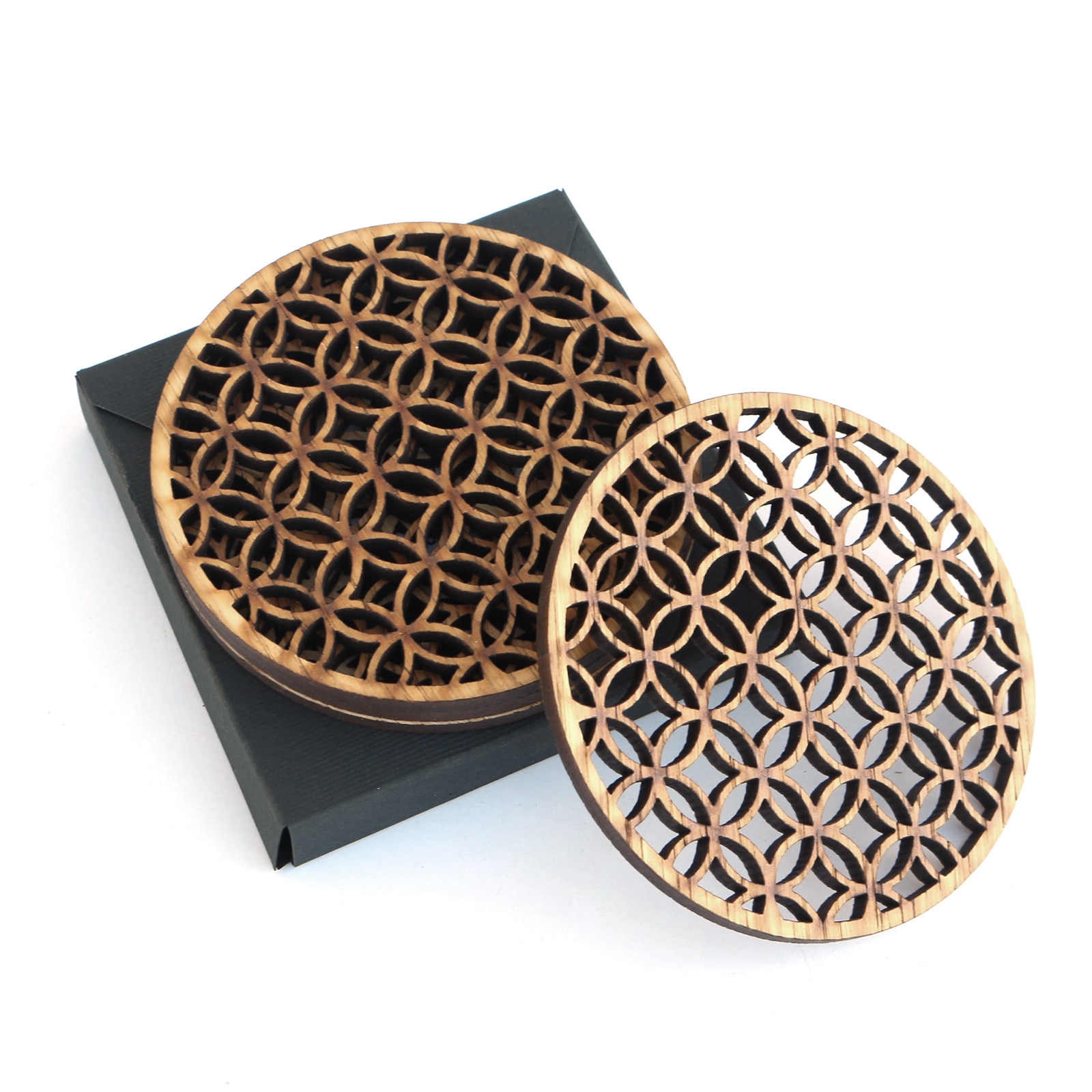 Set 4 buc. Suport / Coaster pahar model Circular Pozitiv din furnir stejar Natur