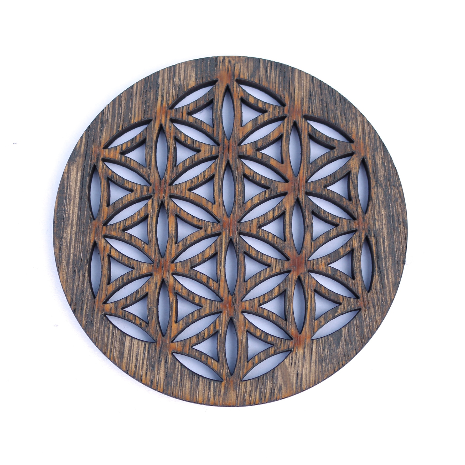 Suport / Coaster pahar model Samanta Vietii Evolutie / Seed of life Evolution din furnir stejar colorat Charcoal